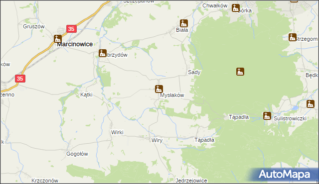 mapa Mysłaków gmina Marcinowice, Mysłaków gmina Marcinowice na mapie Targeo