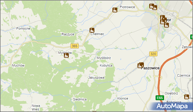 mapa Myślibórz gmina Paszowice, Myślibórz gmina Paszowice na mapie Targeo