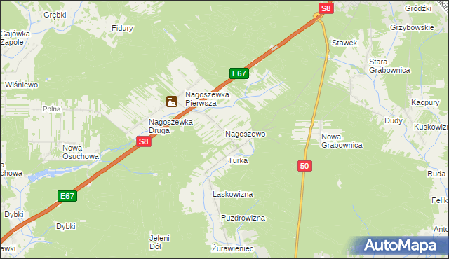 mapa Nagoszewo gmina Ostrów Mazowiecka, Nagoszewo gmina Ostrów Mazowiecka na mapie Targeo