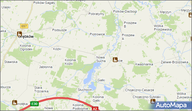 mapa Nowa Sucha gmina Grębków, Nowa Sucha gmina Grębków na mapie Targeo