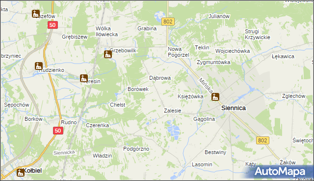 mapa Nowe Zalesie gmina Siennica, Nowe Zalesie gmina Siennica na mapie Targeo