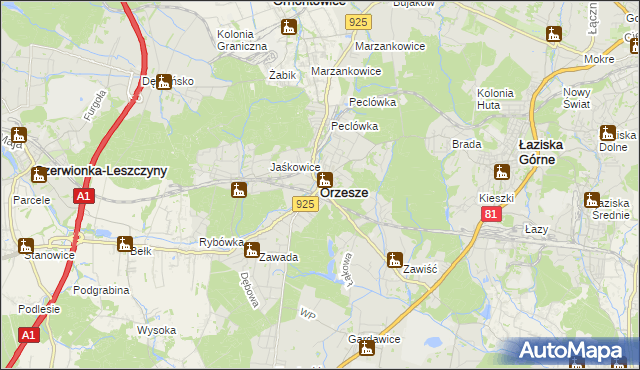 mapa Orzesze powiat mikołowski, Orzesze powiat mikołowski na mapie Targeo