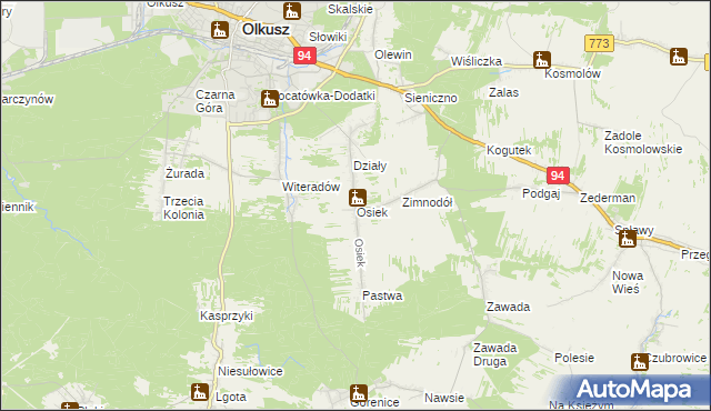 mapa Osiek gmina Olkusz, Osiek gmina Olkusz na mapie Targeo