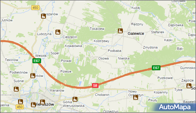 mapa Osowa gmina Galewice, Osowa gmina Galewice na mapie Targeo