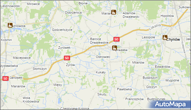 mapa Ostrowiec gmina Chynów, Ostrowiec gmina Chynów na mapie Targeo