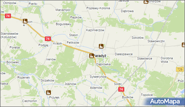 mapa Paradyż powiat opoczyński, Paradyż powiat opoczyński na mapie Targeo