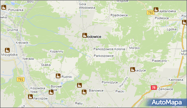 mapa Parkoszowice gmina Włodowice, Parkoszowice gmina Włodowice na mapie Targeo