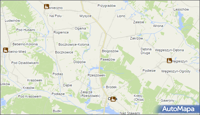 mapa Pawęzów gmina Oksa, Pawęzów gmina Oksa na mapie Targeo