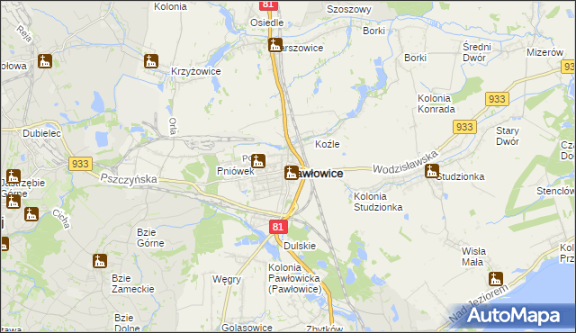 mapa Pawłowice powiat pszczyński, Pawłowice powiat pszczyński na mapie Targeo