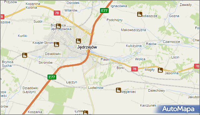 mapa Piaski gmina Jędrzejów, Piaski gmina Jędrzejów na mapie Targeo