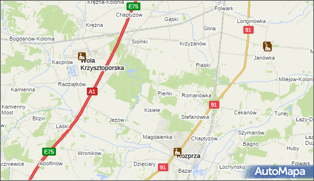 mapa Pieńki gmina Rozprza, Pieńki gmina Rozprza na mapie Targeo