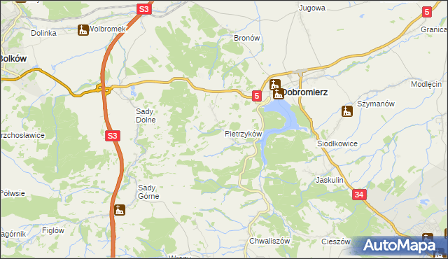 mapa Pietrzyków gmina Dobromierz, Pietrzyków gmina Dobromierz na mapie Targeo