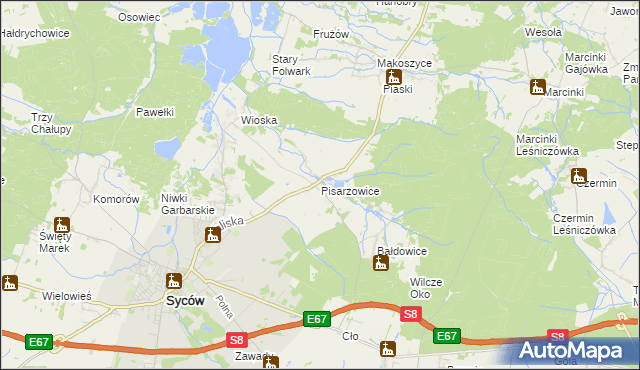 mapa Pisarzowice gmina Kobyla Góra, Pisarzowice gmina Kobyla Góra na mapie Targeo
