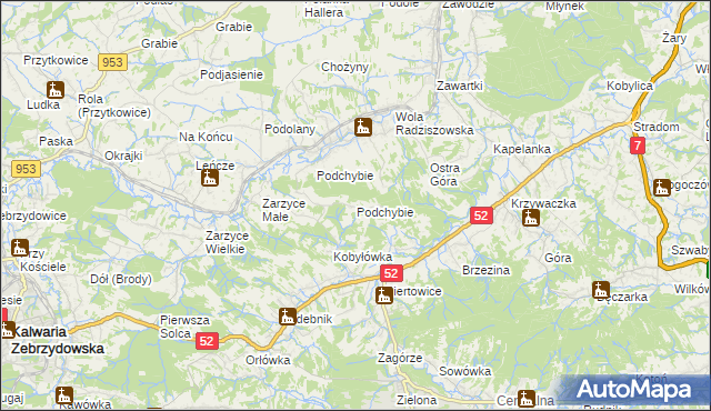 mapa Podchybie gmina Lanckorona, Podchybie gmina Lanckorona na mapie Targeo