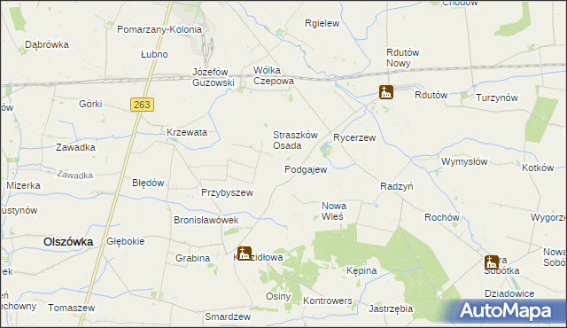 mapa Podgajew gmina Kłodawa, Podgajew gmina Kłodawa na mapie Targeo