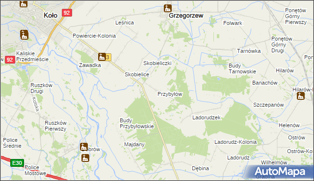 mapa Przybyłów gmina Koło, Przybyłów gmina Koło na mapie Targeo