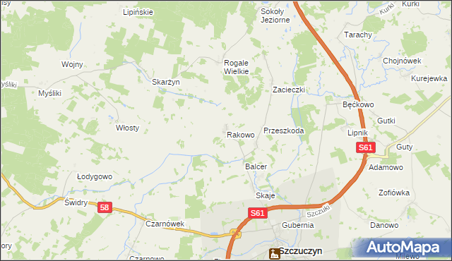 mapa Rakowo gmina Szczuczyn, Rakowo gmina Szczuczyn na mapie Targeo