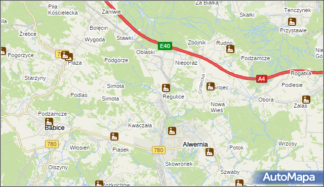 mapa Regulice gmina Alwernia, Regulice gmina Alwernia na mapie Targeo