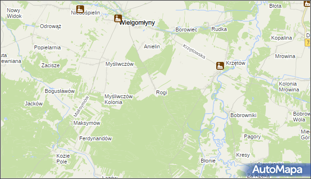 mapa Rogi gmina Wielgomłyny, Rogi gmina Wielgomłyny na mapie Targeo