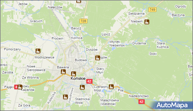 mapa Rogów gmina Końskie, Rogów gmina Końskie na mapie Targeo