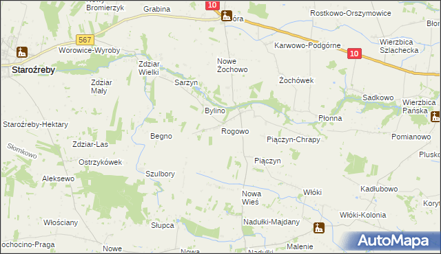 mapa Rogowo gmina Staroźreby, Rogowo gmina Staroźreby na mapie Targeo