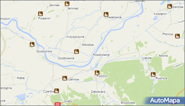 mapa Roszkowice gmina Bogdaniec, Roszkowice gmina Bogdaniec na mapie Targeo