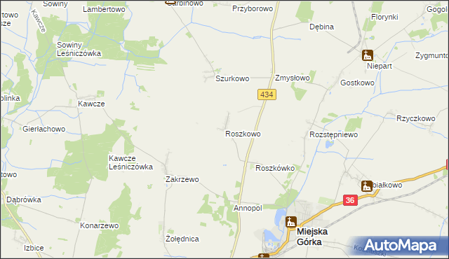 mapa Roszkowo gmina Miejska Górka, Roszkowo gmina Miejska Górka na mapie Targeo