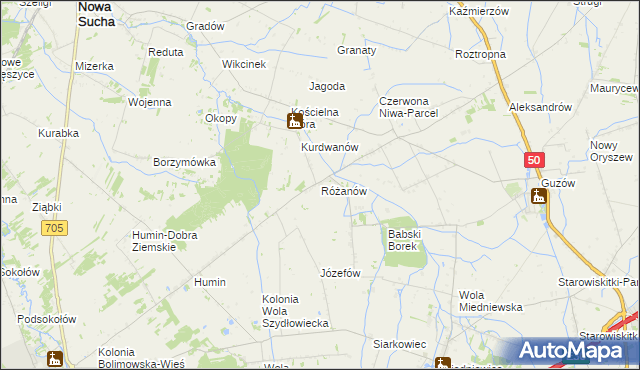 mapa Różanów gmina Wiskitki, Różanów gmina Wiskitki na mapie Targeo