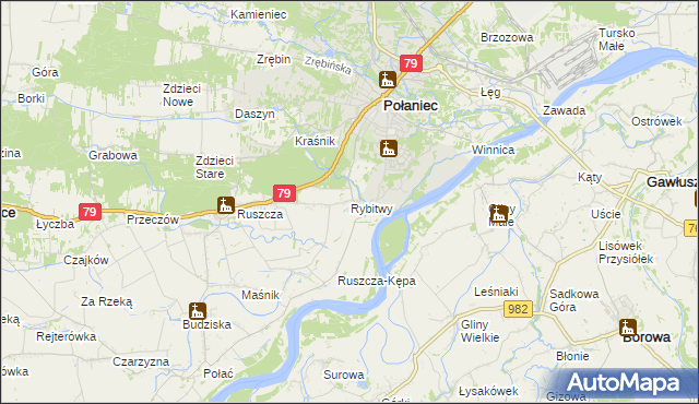 mapa Rybitwy gmina Połaniec, Rybitwy gmina Połaniec na mapie Targeo