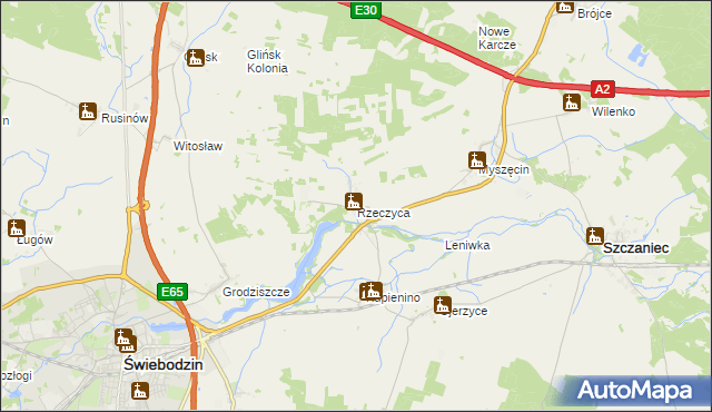mapa Rzeczyca gmina Świebodzin, Rzeczyca gmina Świebodzin na mapie Targeo