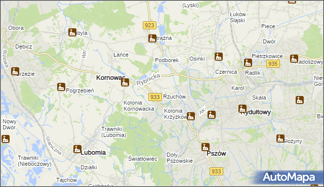 mapa Rzuchów gmina Kornowac, Rzuchów gmina Kornowac na mapie Targeo