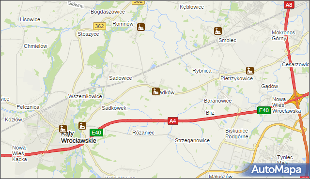 mapa Sadków gmina Kąty Wrocławskie, Sadków gmina Kąty Wrocławskie na mapie Targeo