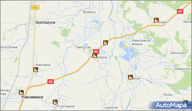 mapa Sidzina gmina Skoroszyce, Sidzina gmina Skoroszyce na mapie Targeo