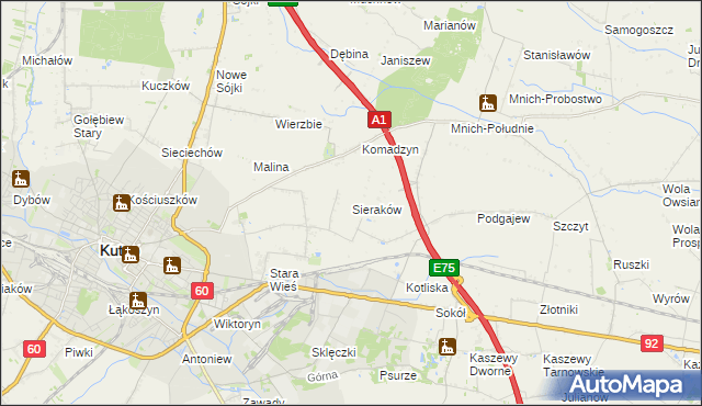 mapa Sieraków gmina Kutno, Sieraków gmina Kutno na mapie Targeo
