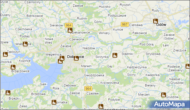 mapa Skrzynka gmina Dobczyce, Skrzynka gmina Dobczyce na mapie Targeo