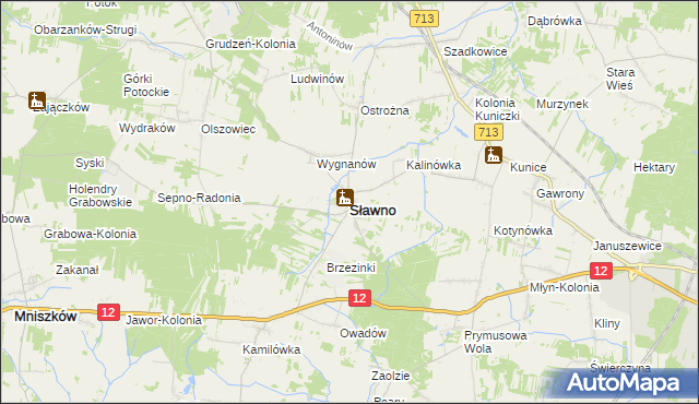 mapa Sławno powiat opoczyński, Sławno powiat opoczyński na mapie Targeo