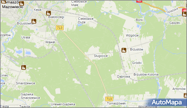 mapa Sługocice gmina Tomaszów Mazowiecki, Sługocice gmina Tomaszów Mazowiecki na mapie Targeo