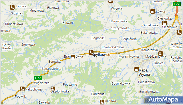 mapa Spytkowice powiat nowotarski, Spytkowice powiat nowotarski na mapie Targeo