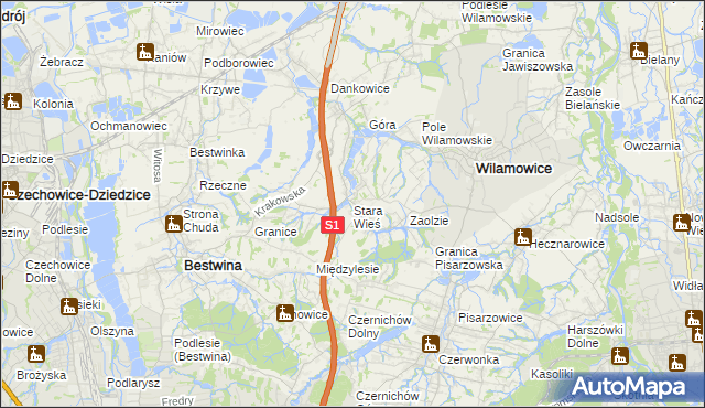 mapa Stara Wieś gmina Wilamowice, Stara Wieś gmina Wilamowice na mapie Targeo