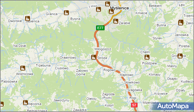mapa Stróża gmina Pcim, Stróża gmina Pcim na mapie Targeo