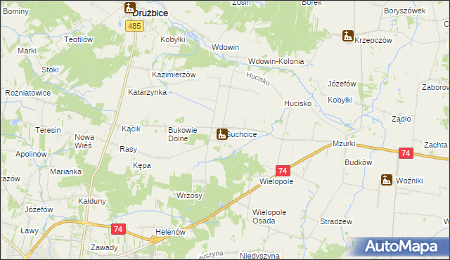 mapa Suchcice gmina Drużbice, Suchcice gmina Drużbice na mapie Targeo