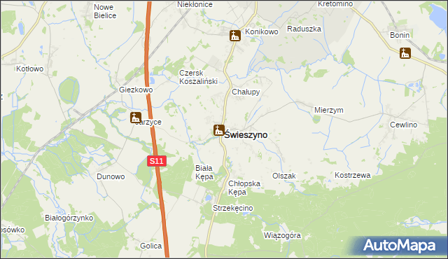 mapa Świeszyno powiat koszaliński, Świeszyno powiat koszaliński na mapie Targeo