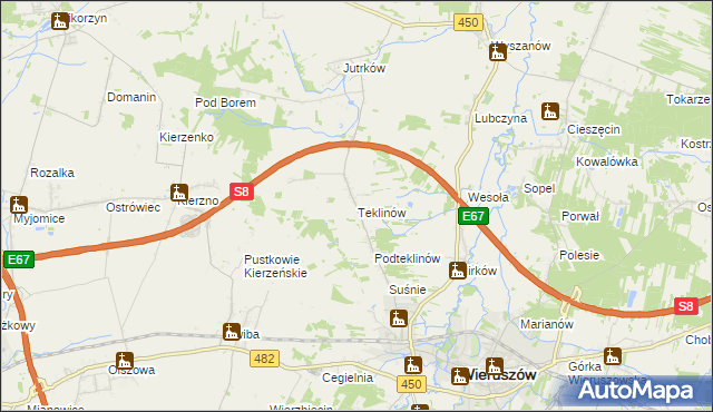 mapa Teklinów gmina Wieruszów, Teklinów gmina Wieruszów na mapie Targeo