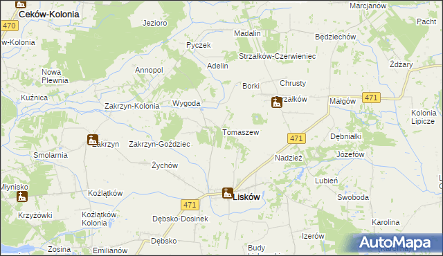 mapa Tomaszew gmina Lisków, Tomaszew gmina Lisków na mapie Targeo