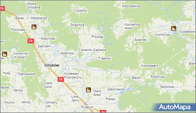 mapa Trawniki gmina Smyków, Trawniki gmina Smyków na mapie Targeo