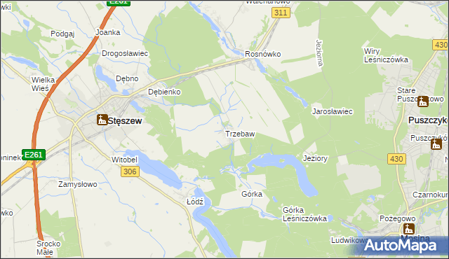 mapa Trzebaw gmina Stęszew, Trzebaw gmina Stęszew na mapie Targeo