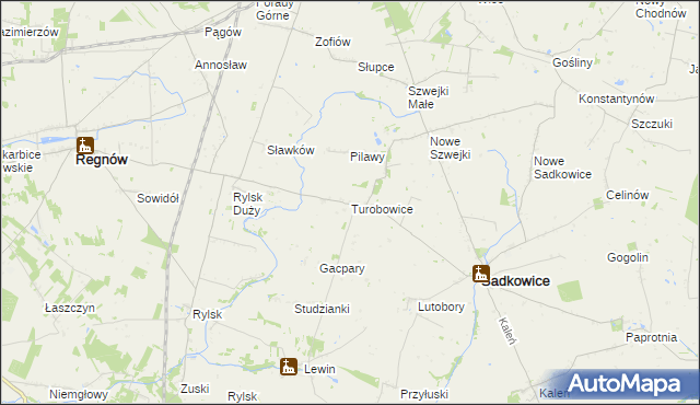 mapa Turobowice gmina Sadkowice, Turobowice gmina Sadkowice na mapie Targeo