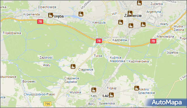 mapa Turza gmina Łazy, Turza gmina Łazy na mapie Targeo