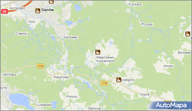 mapa Węgorzewo Koszalińskie, Węgorzewo Koszalińskie na mapie Targeo