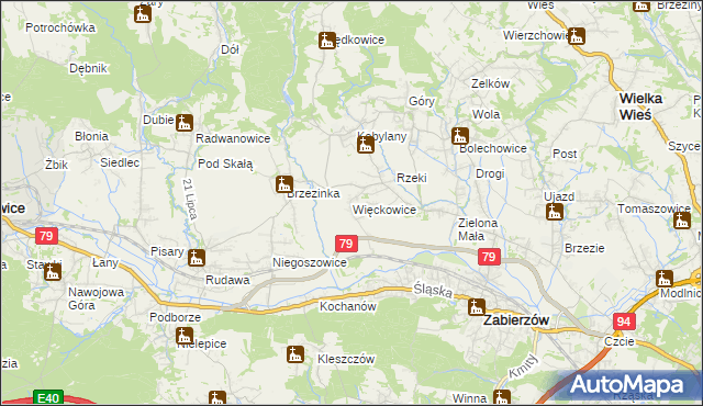 mapa Więckowice gmina Zabierzów, Więckowice gmina Zabierzów na mapie Targeo